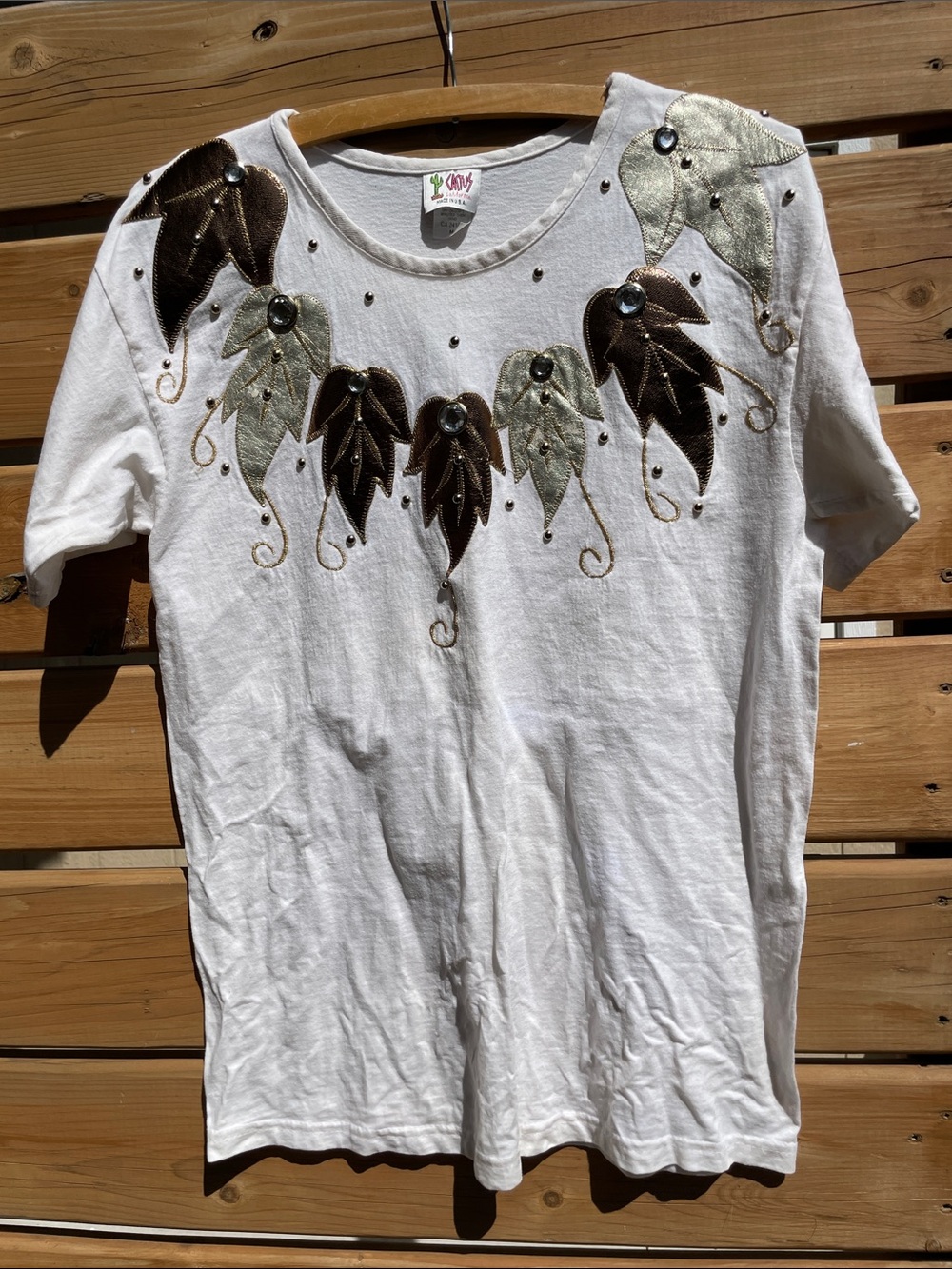 Vintage 80s 90s Cactus California Embellished Leaf T-Shirt White Large USA Made